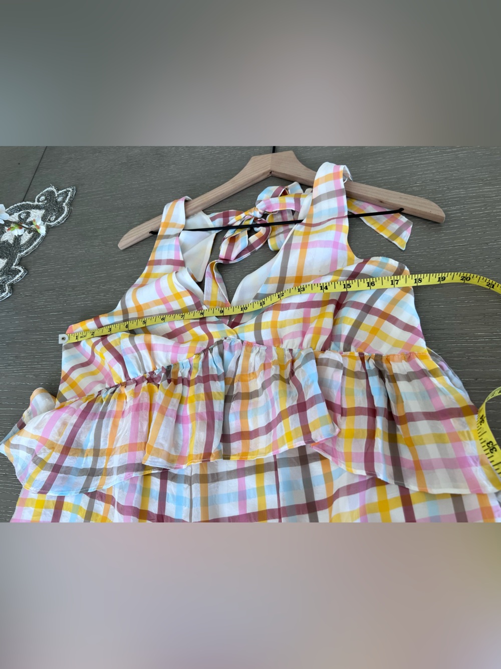 cinq a sept Pastel Plaid Tiered V-Neck Maxi Dress in Yellow and Pink - Picture 7 of 11